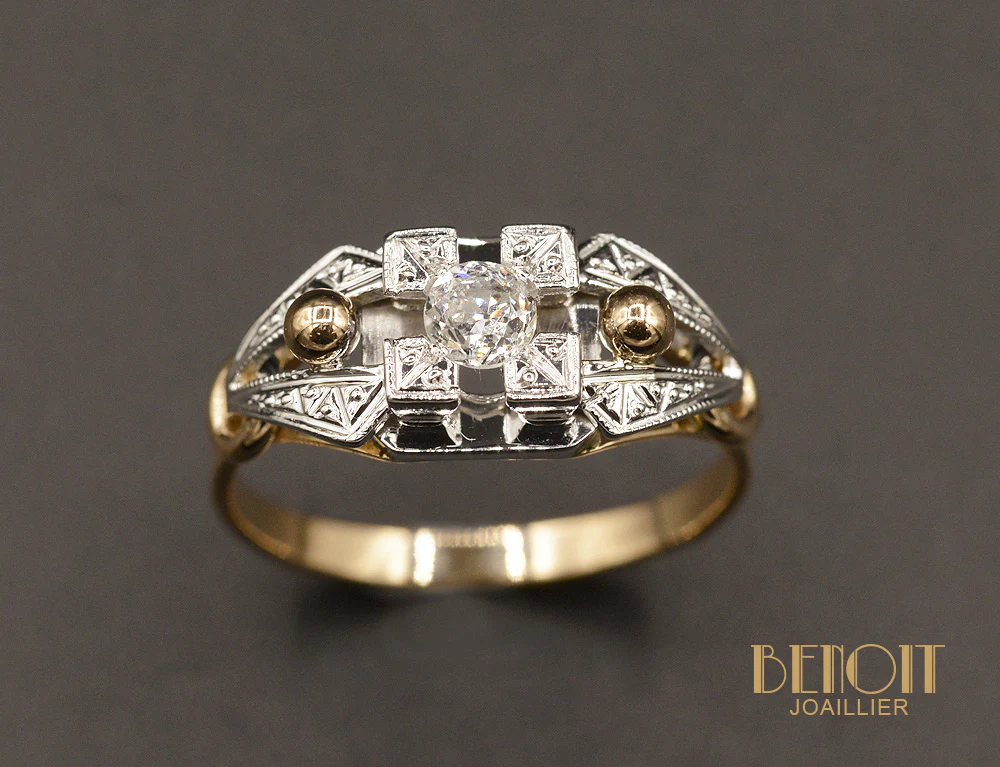 Bague Art Déco Or rose et Platine Diamant - Image 2