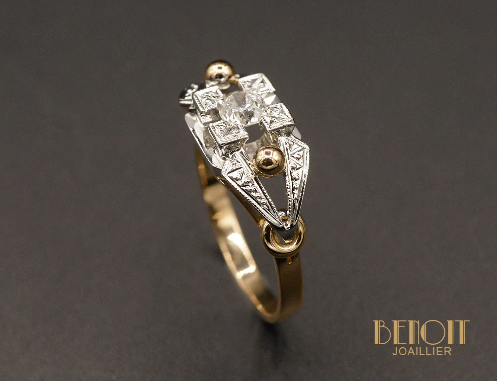 Bague Art Déco Or rose et Platine Diamant - Image 3