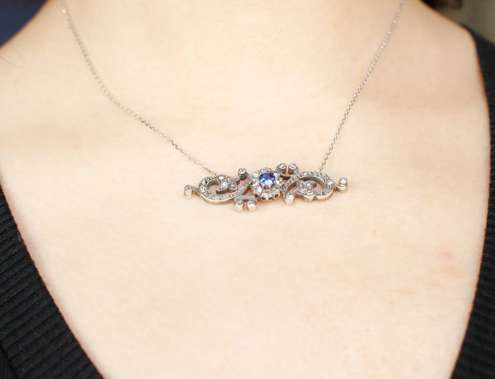 Collier 19ème Saphir Diamants Or et Argent - Image 5
