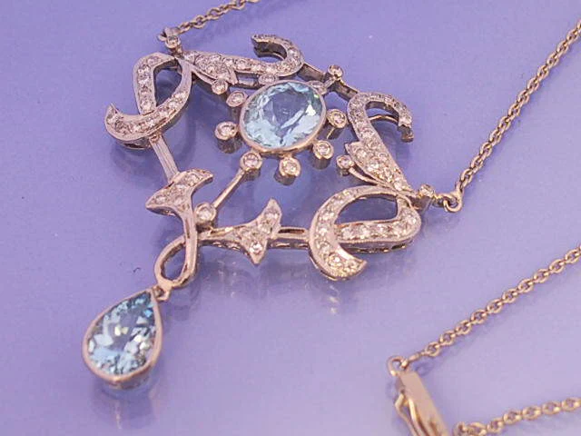 Collier ancien diamants aigues marine et platine - Image 2