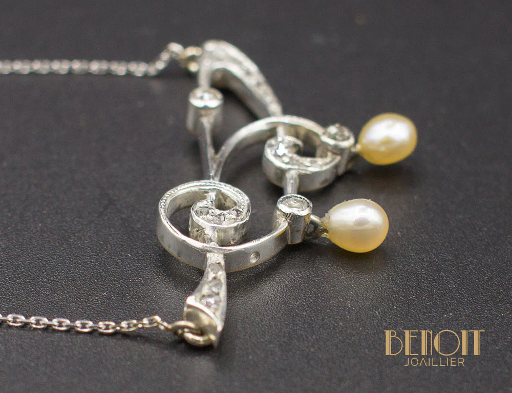 Collier Art Nouveau Diamants Perles - Image 3