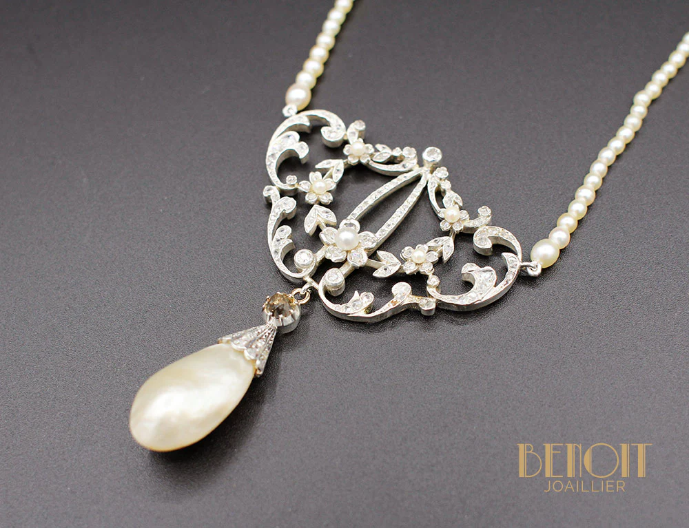 Collier XIXe Perles Fines Diamants - Image 2
