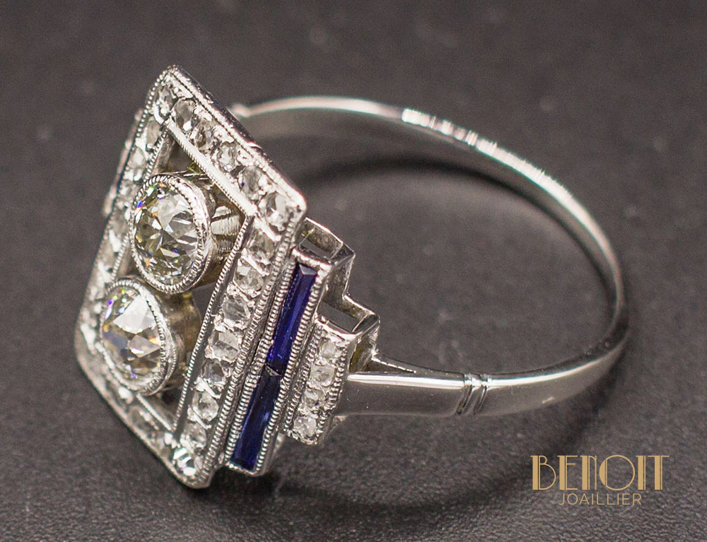 Bague Art Déco Diamants Saphirs - Image 5