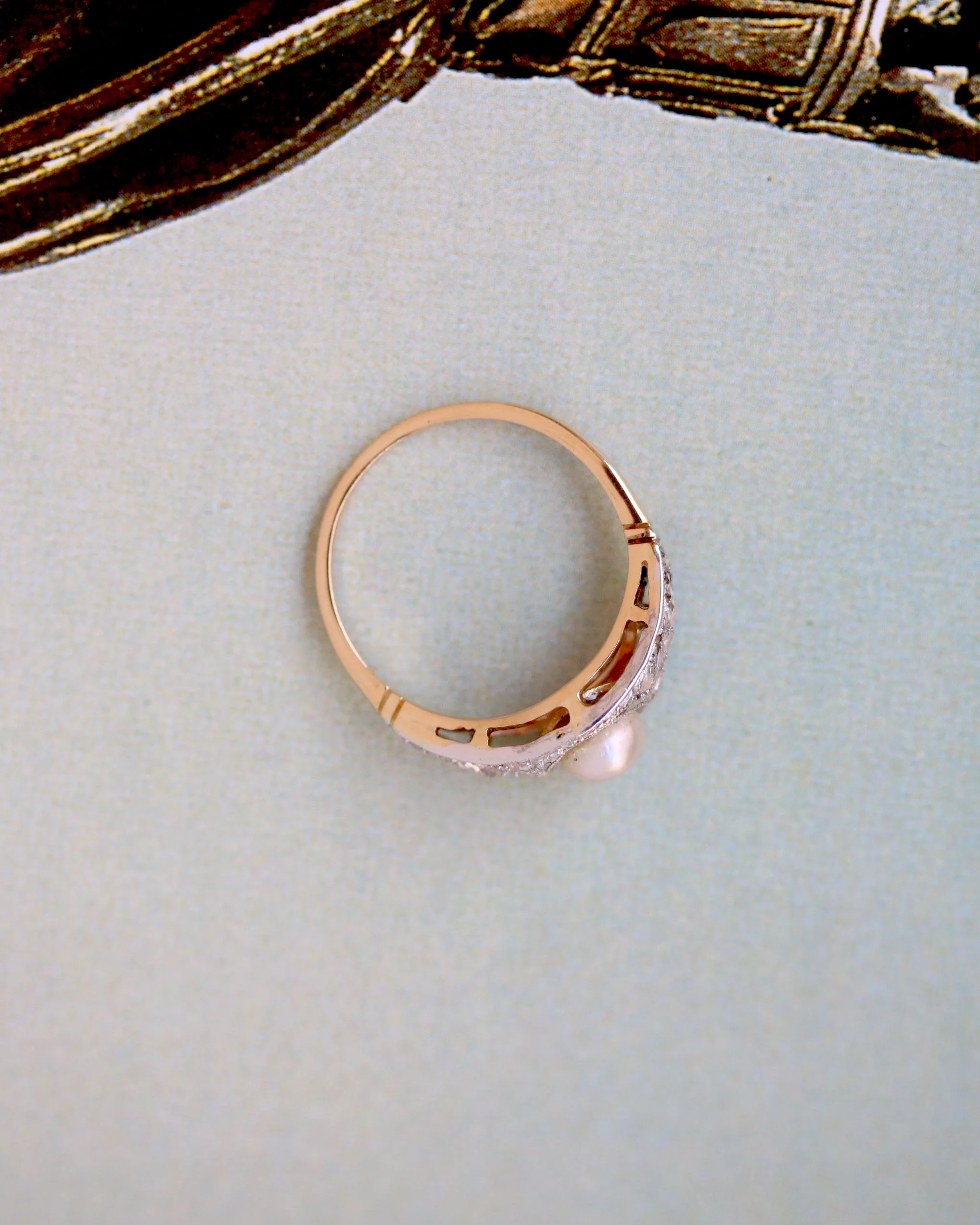 Jonc Art Déco Or rose et blanc Perle Fine et Diamants - Image 4