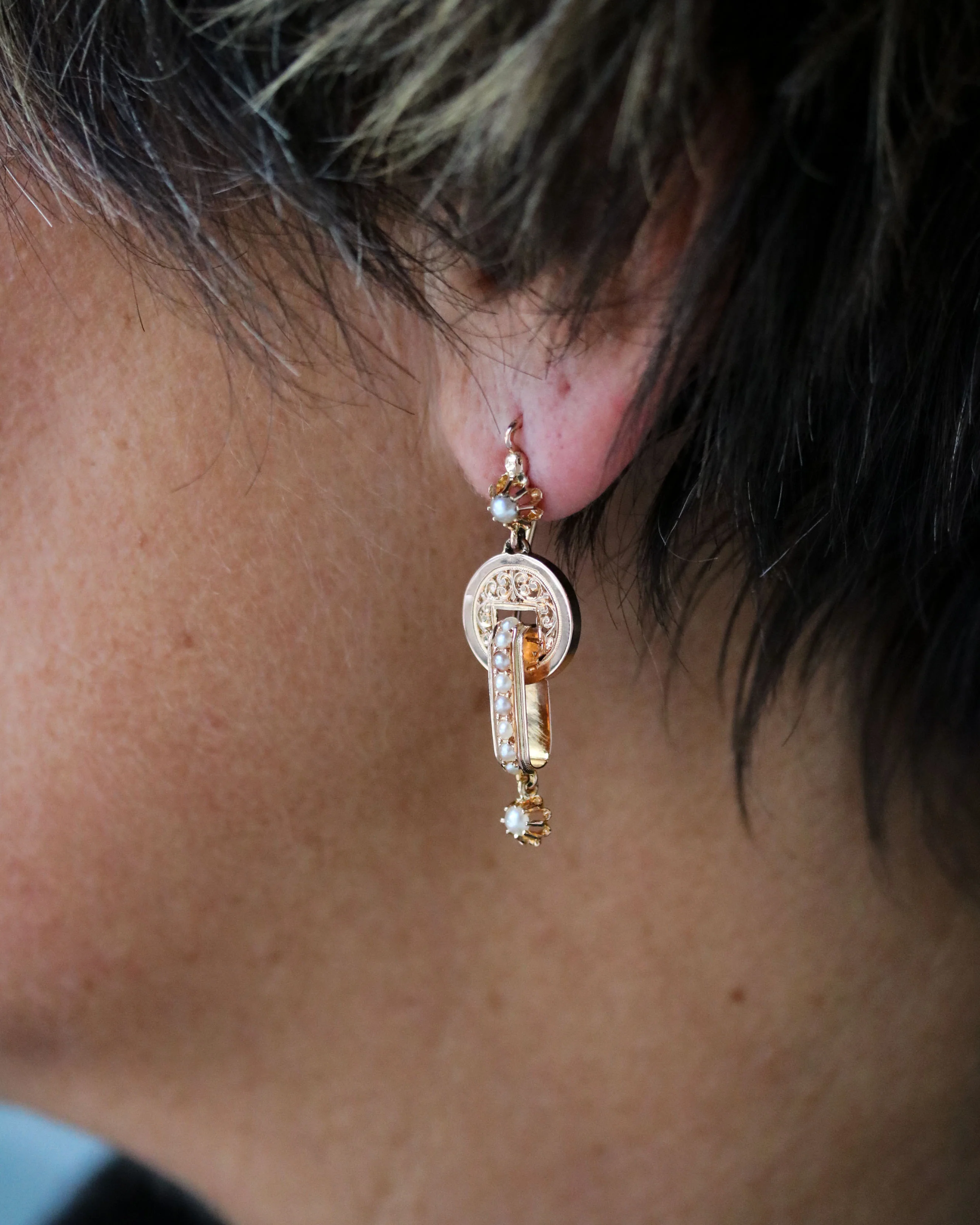 Paire de Boucles d'Oreille Pendantes Napoléon III Or Rose et Perles Fines - Image 2