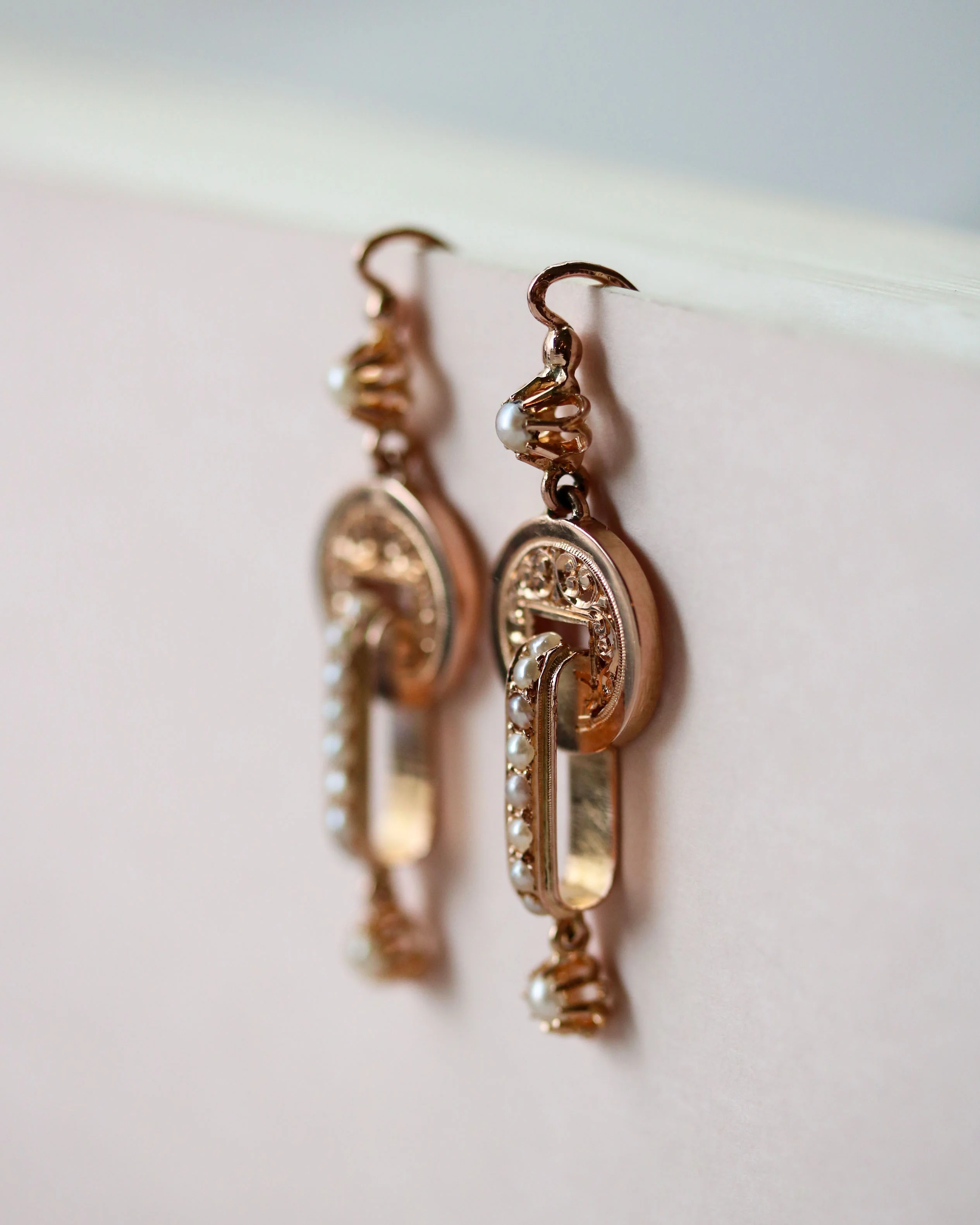 Paire de Boucles d'Oreille Pendantes Napoléon III Or Rose et Perles Fines - Image 3