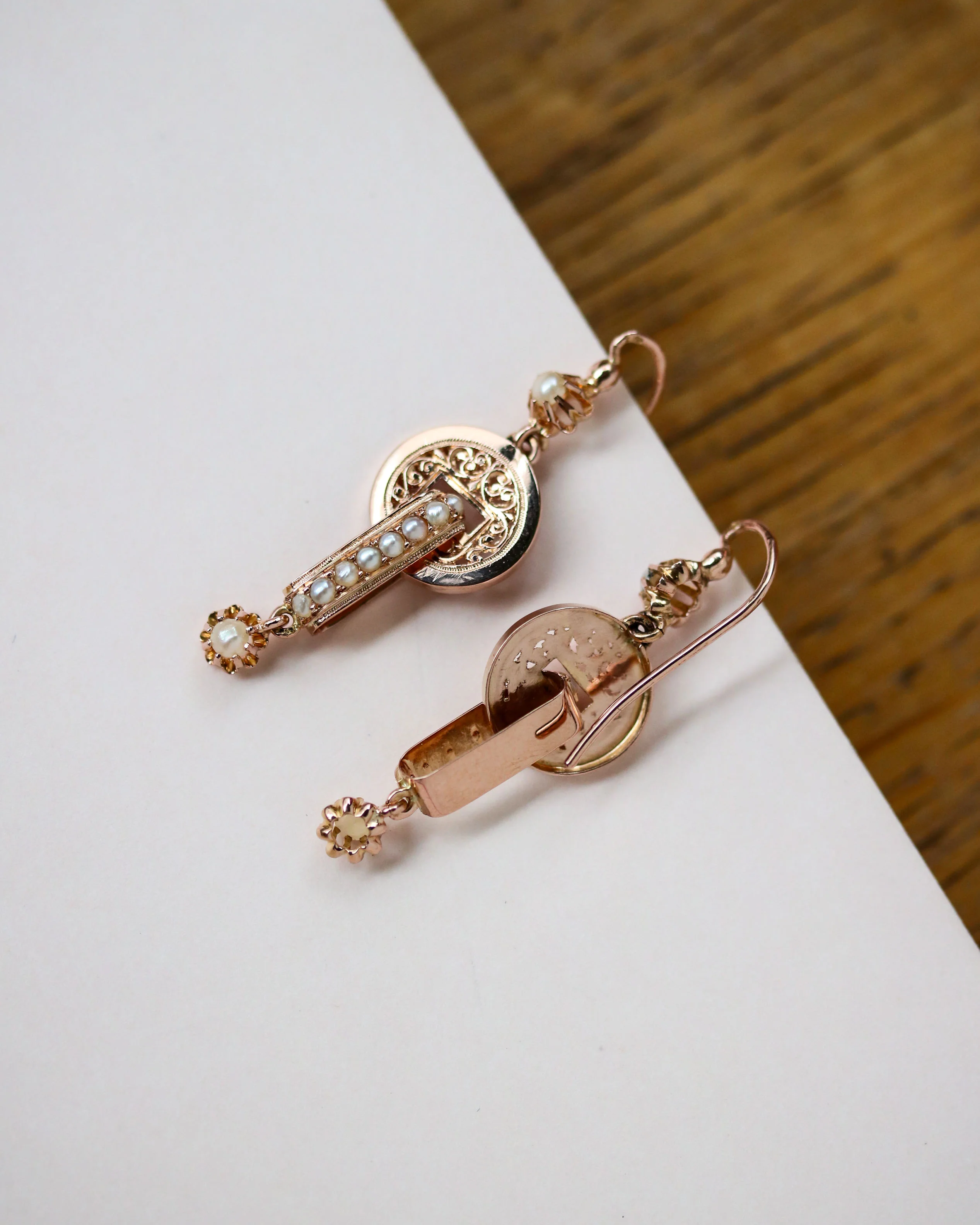 Paire de Boucles d'Oreille Pendantes Napoléon III Or Rose et Perles Fines - Image 4