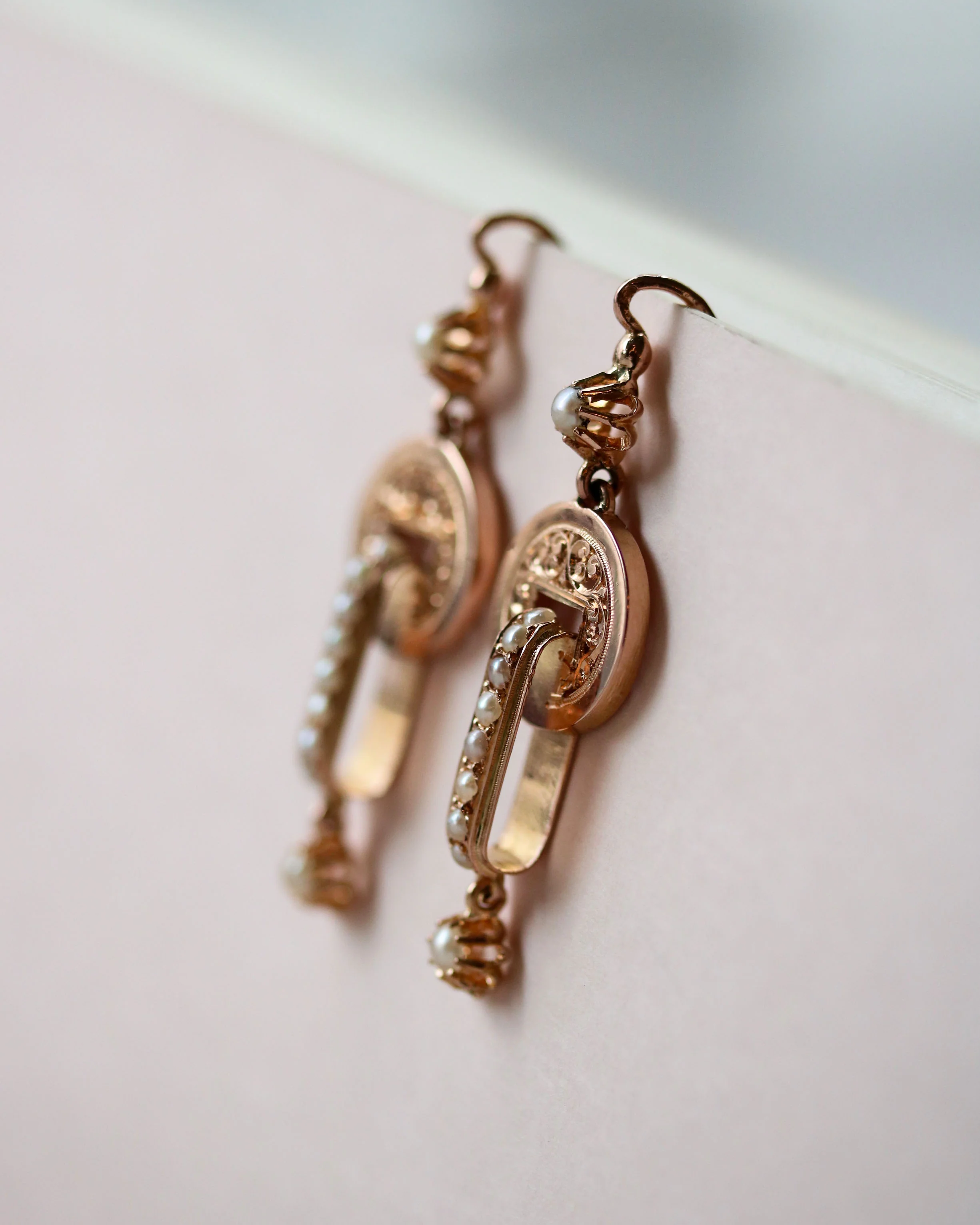 Paire de Boucles d'Oreille Pendantes Napoléon III Or Rose et Perles Fines - Image 5