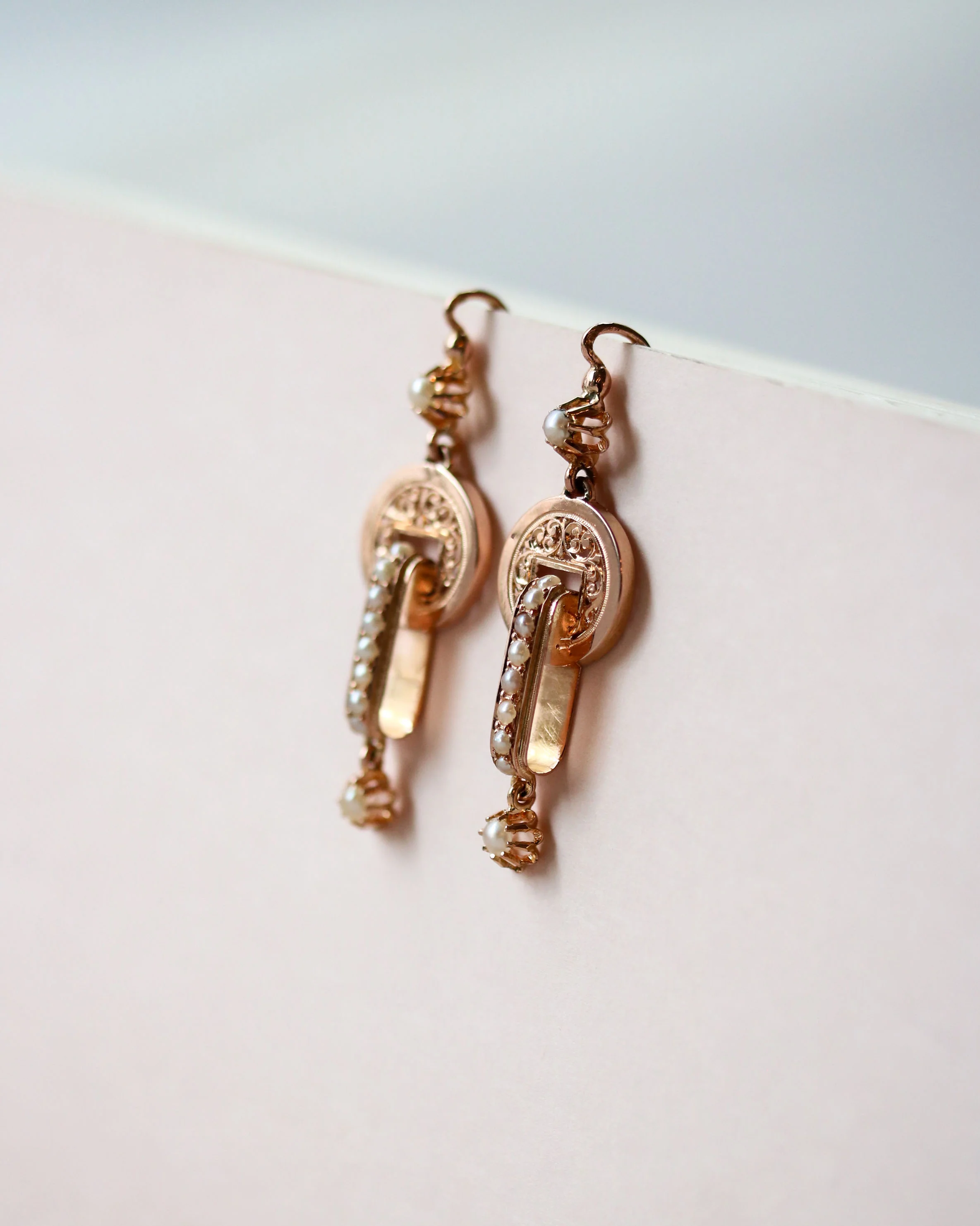 Paire de Boucles d'Oreille Pendantes Napoléon III Or Rose et Perles Fines - Image 6