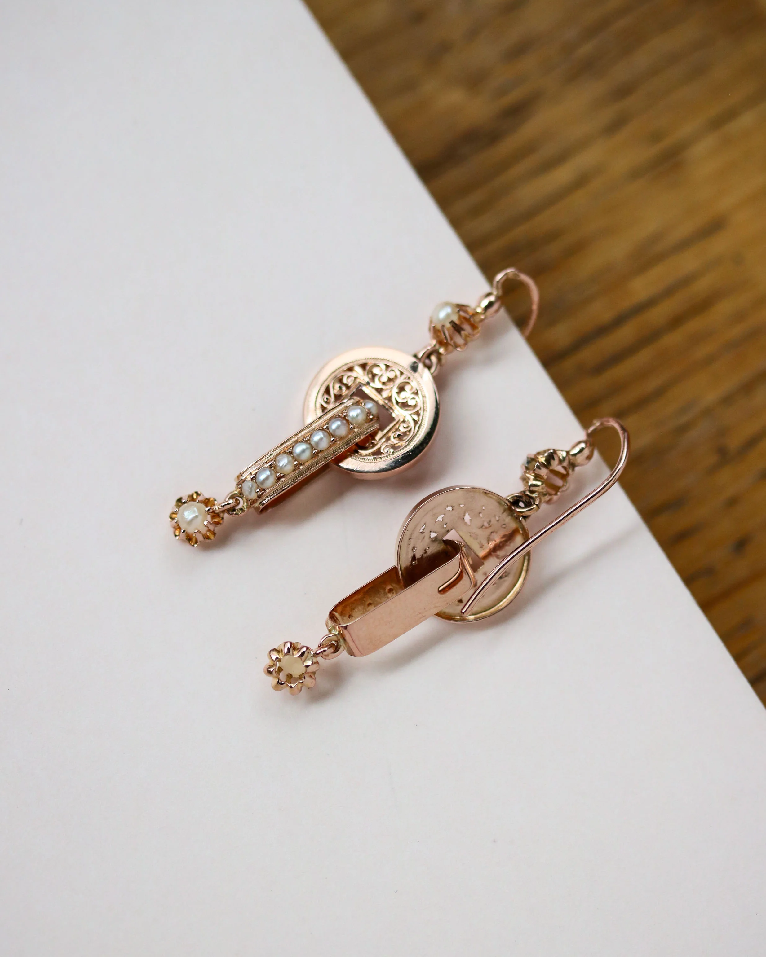 Paire de Boucles d'Oreille Pendantes Napoléon III Or Rose et Perles Fines - Image 7