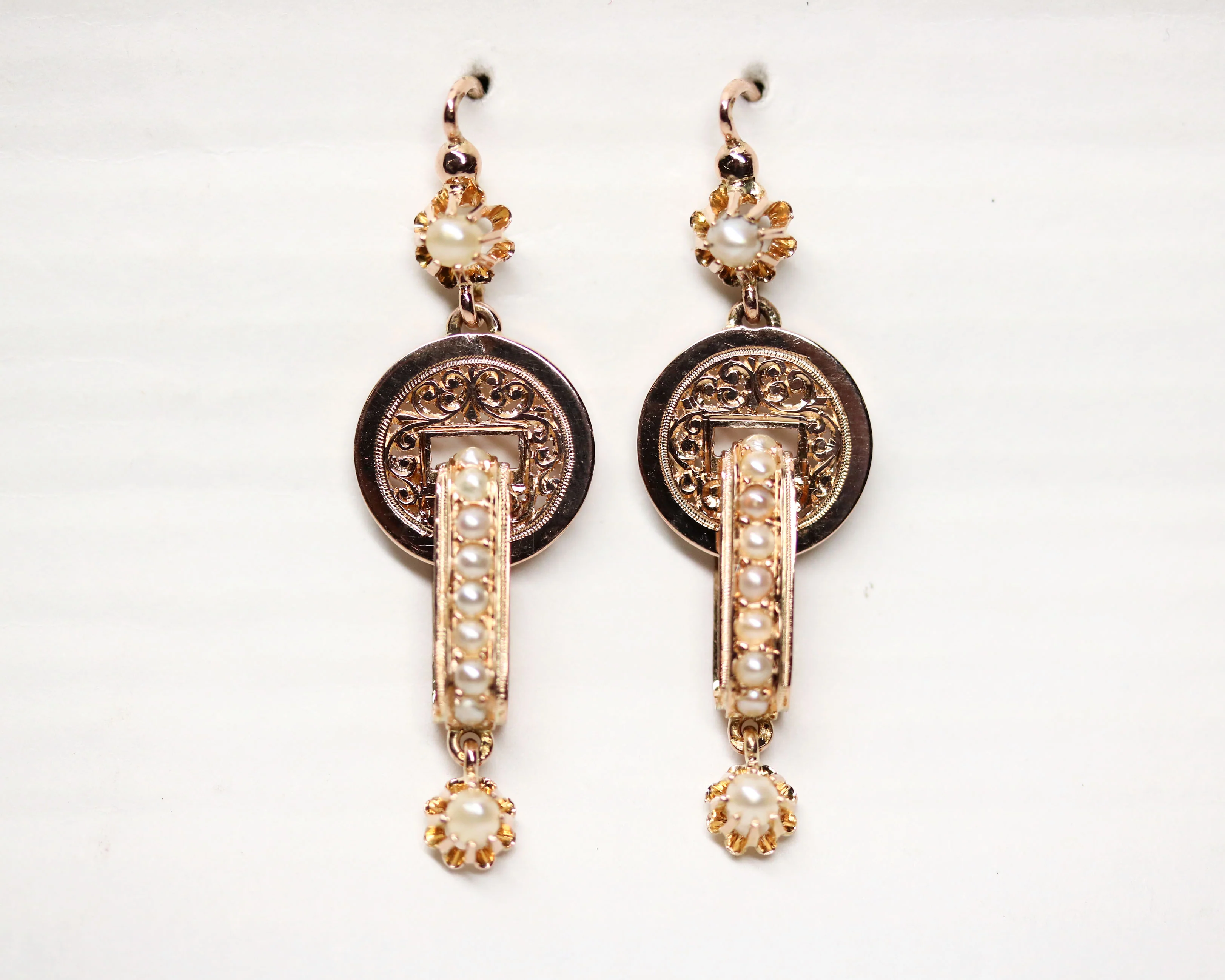Paire de Boucles d'Oreille Pendantes Napoléon III Or Rose et Perles Fines - Image 8