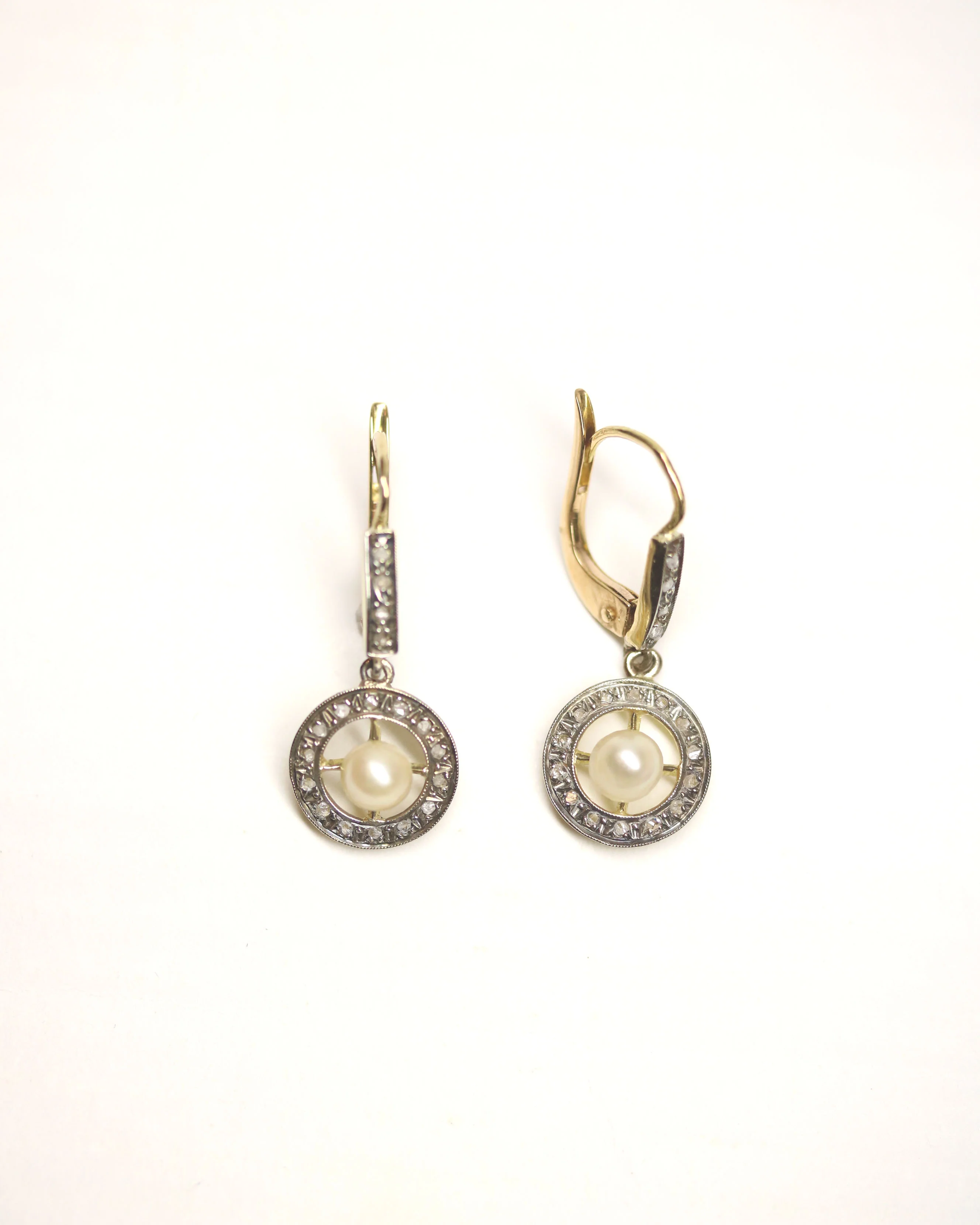 Paire de Dormeuses Ancienne Perle fine et Diamants Rose - Image 4