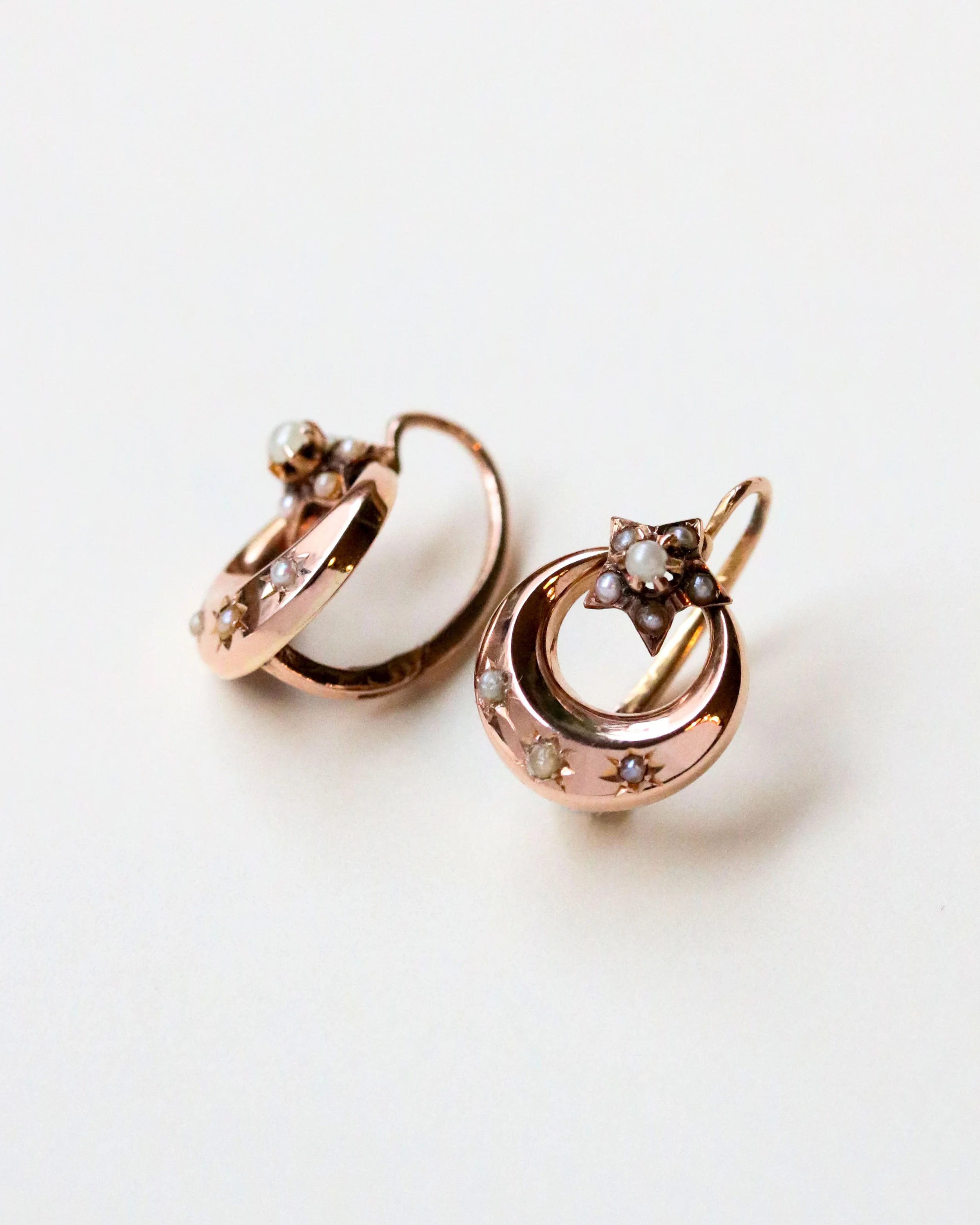 Paire de Dormeuses Lune et Etoiles Or Rose Perles Fines - Image 2