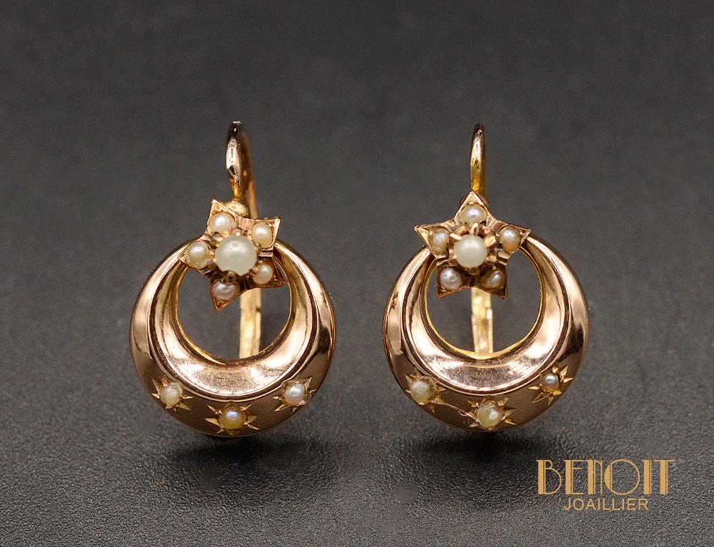 Paire de Dormeuses Lune et Etoiles Or Rose Perles Fines - Image 3