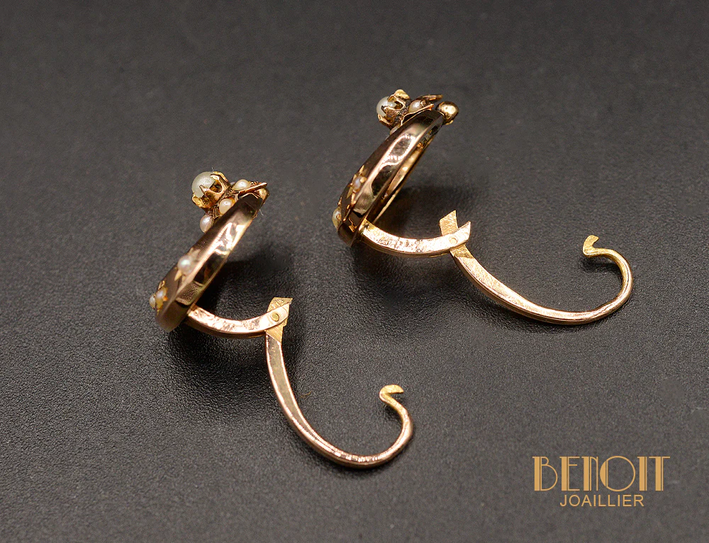 Paire de Dormeuses Lune et Etoiles Or Rose Perles Fines - Image 5