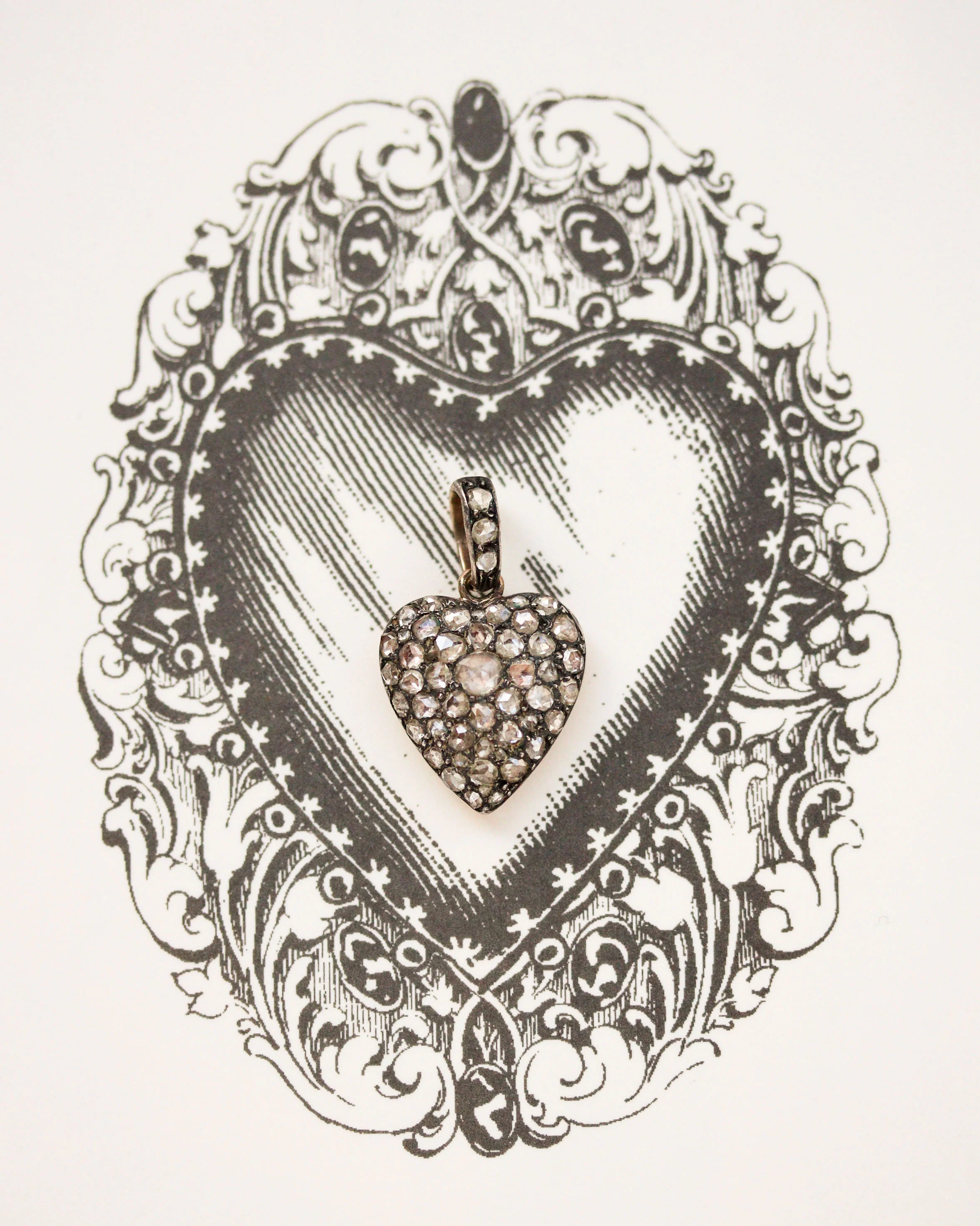 Pendentif Ancien Coeur Diamants Or Argent
