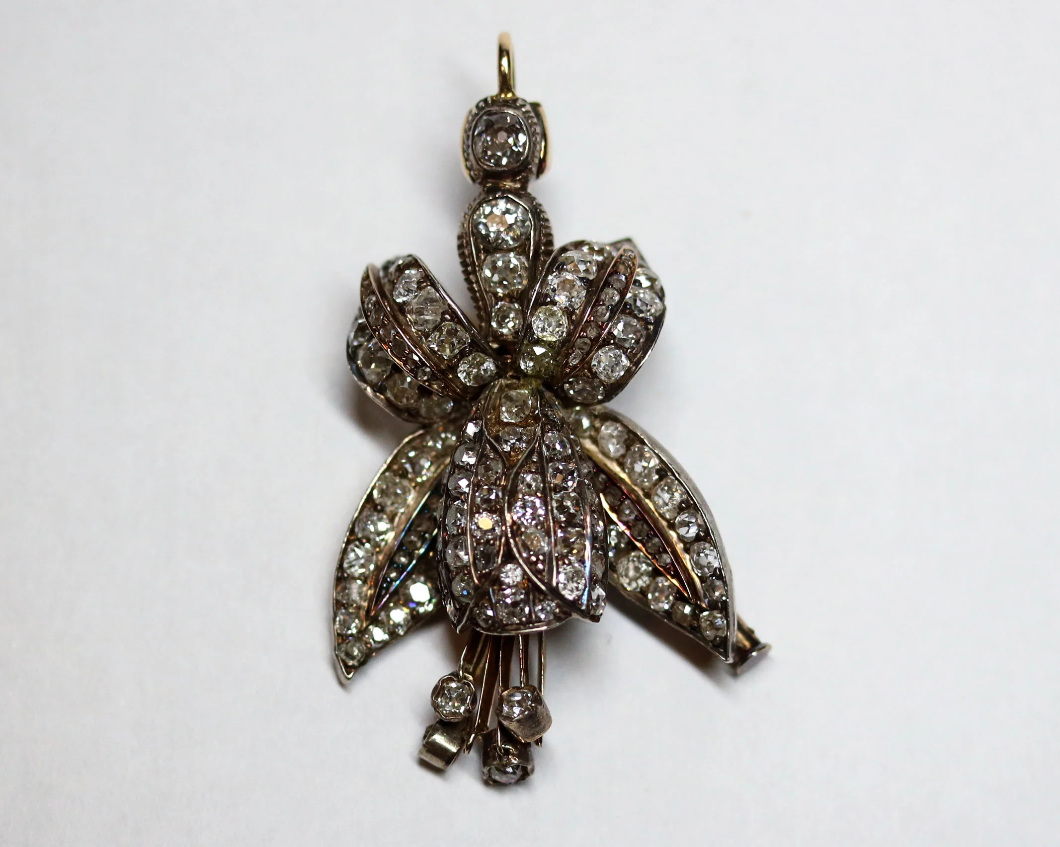 Pendentif et Boche Fleur Fuchsia Or rose Argent Diamants - Image 8