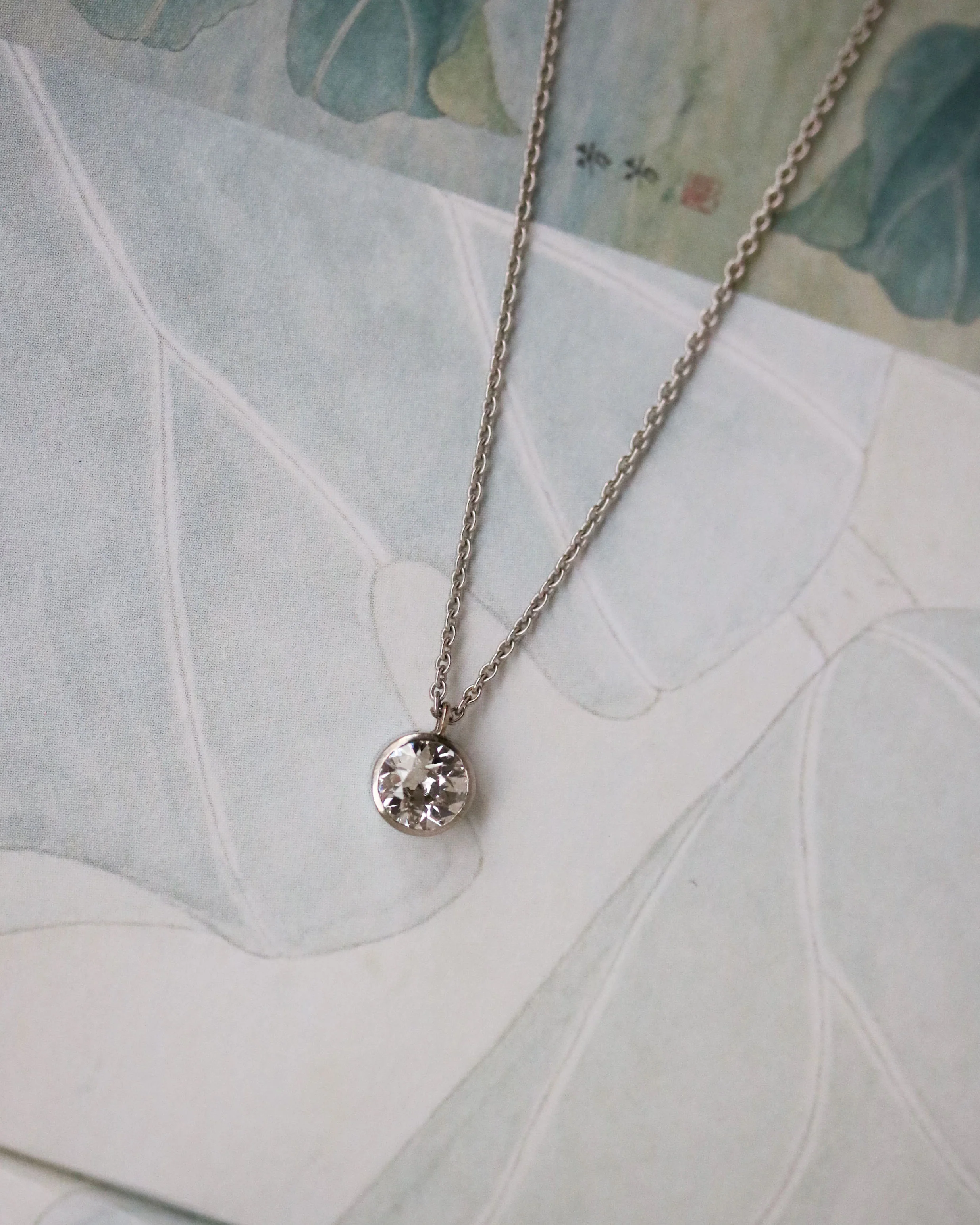 Pendentif Solitaire Or Blanc et  Diamant "Les Recyclés" 38 cm