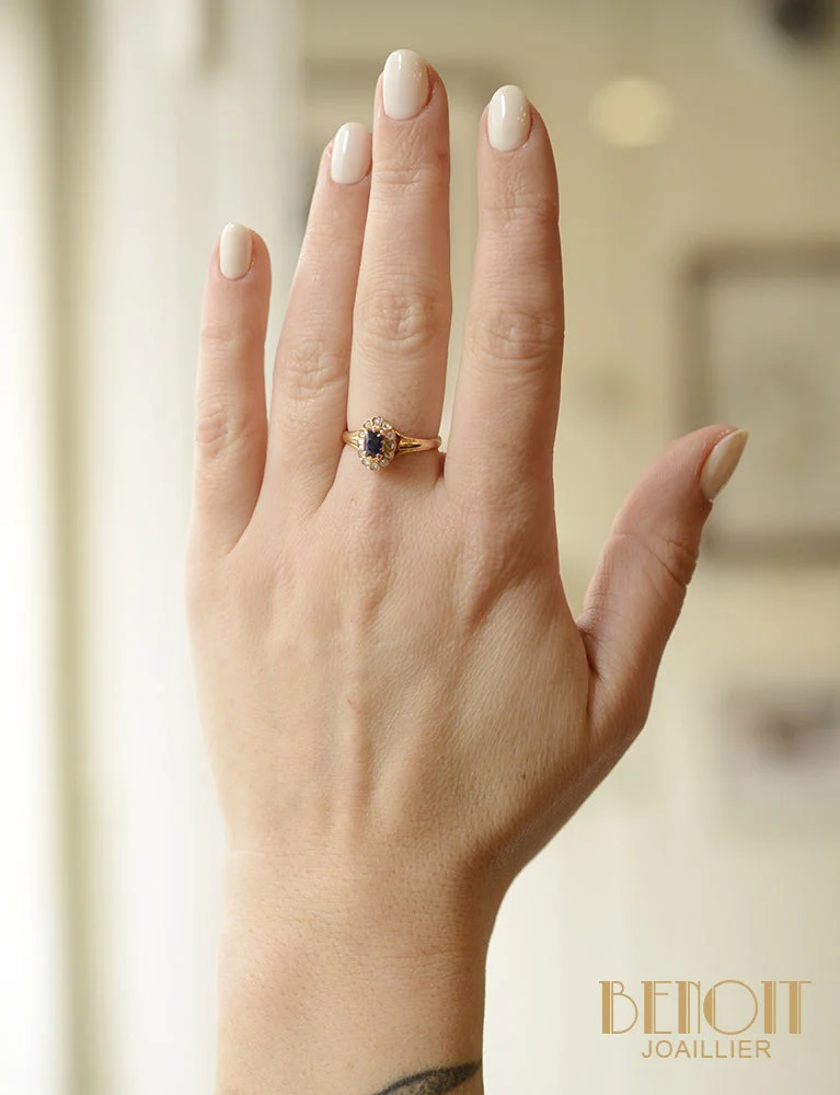 Bague Pompadour Or Rose Saphir Bleu Verneuil Diamants - Image 5
